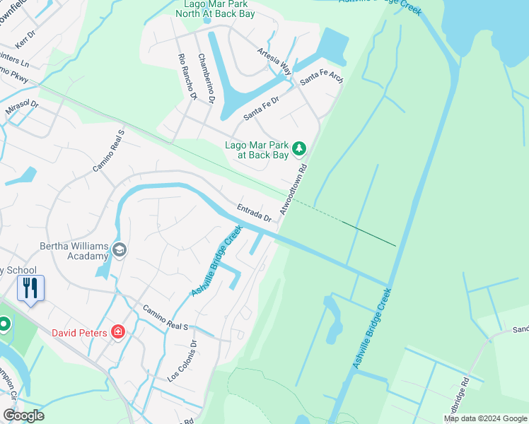 map of restaurants, bars, coffee shops, grocery stores, and more near 2405 Entrada Drive in Virginia Beach