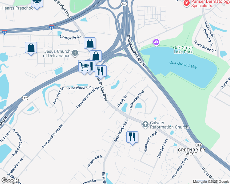 map of restaurants, bars, coffee shops, grocery stores, and more near 704 Rue Marseille in Chesapeake