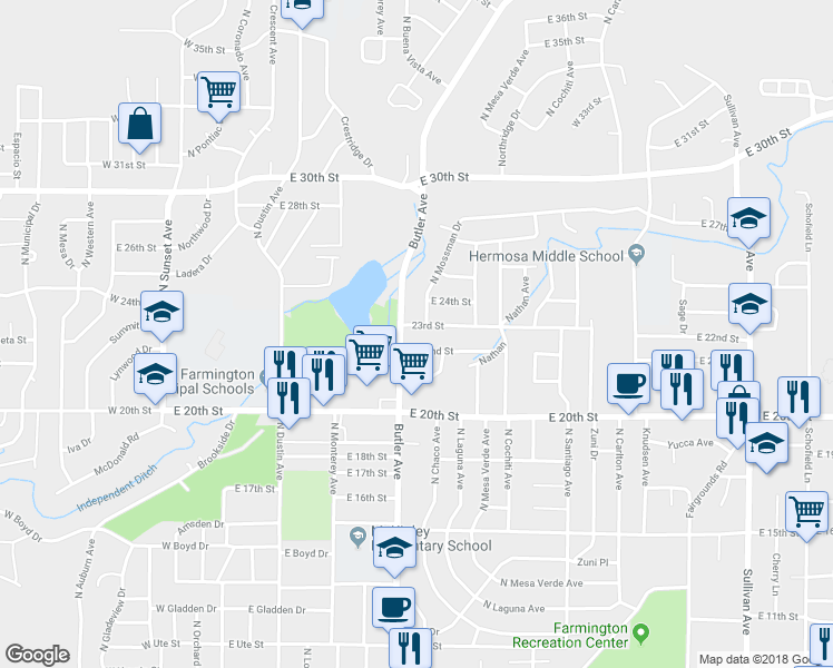 map of restaurants, bars, coffee shops, grocery stores, and more near 707 East 23rd Street in Farmington
