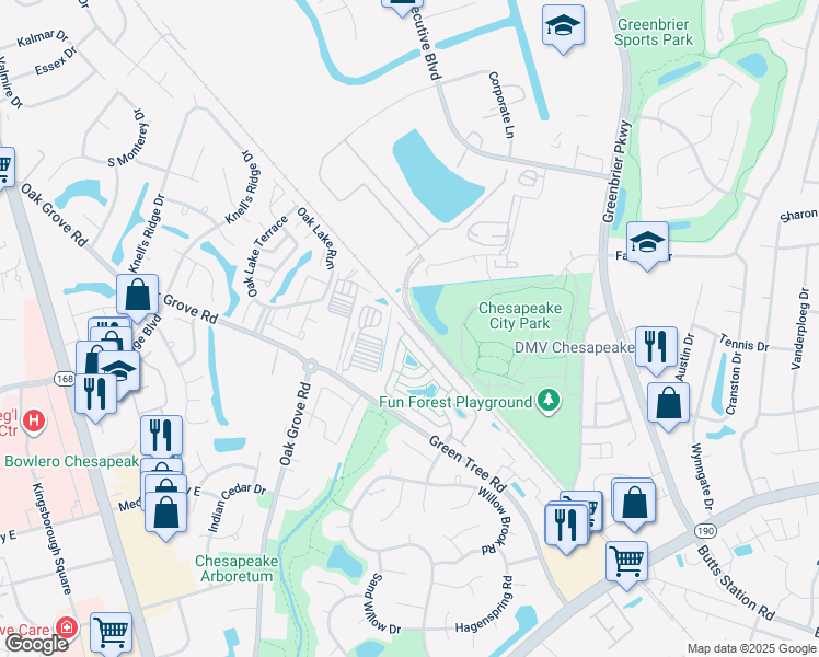 map of restaurants, bars, coffee shops, grocery stores, and more near 635 Sweet Leaf Place in Chesapeake