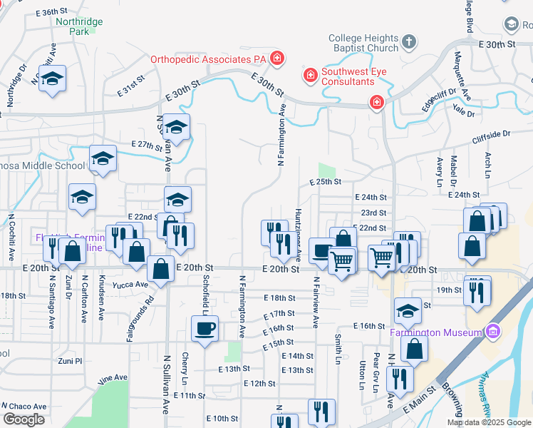 map of restaurants, bars, coffee shops, grocery stores, and more near 2305 North Tucker Avenue in Farmington