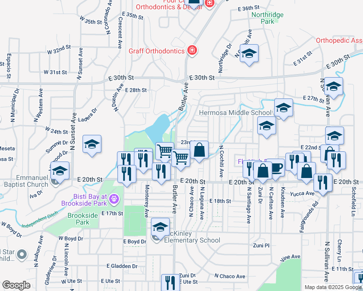 map of restaurants, bars, coffee shops, grocery stores, and more near 801 East 24th Street in Farmington