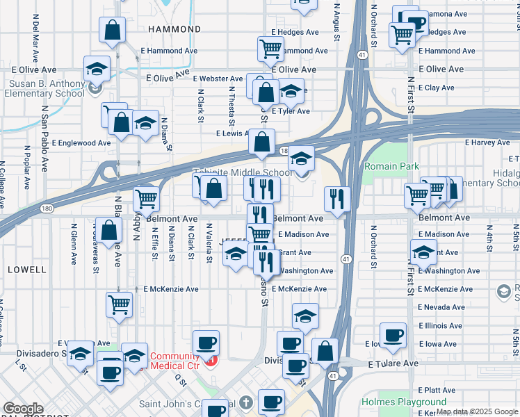 map of restaurants, bars, coffee shops, grocery stores, and more near 2339 East White Avenue in Fresno