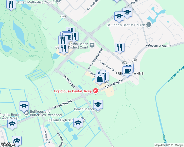 map of restaurants, bars, coffee shops, grocery stores, and more near James Madison Boulevard in Virginia Beach
