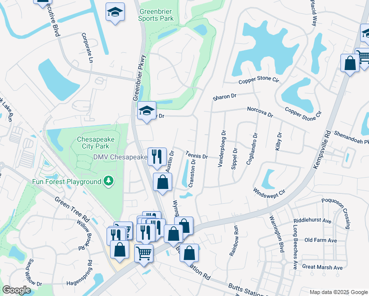 map of restaurants, bars, coffee shops, grocery stores, and more near 524 Tennis Drive in Chesapeake