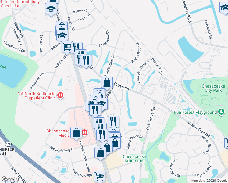 map of restaurants, bars, coffee shops, grocery stores, and more near 302 Fairfax Terrace in Chesapeake