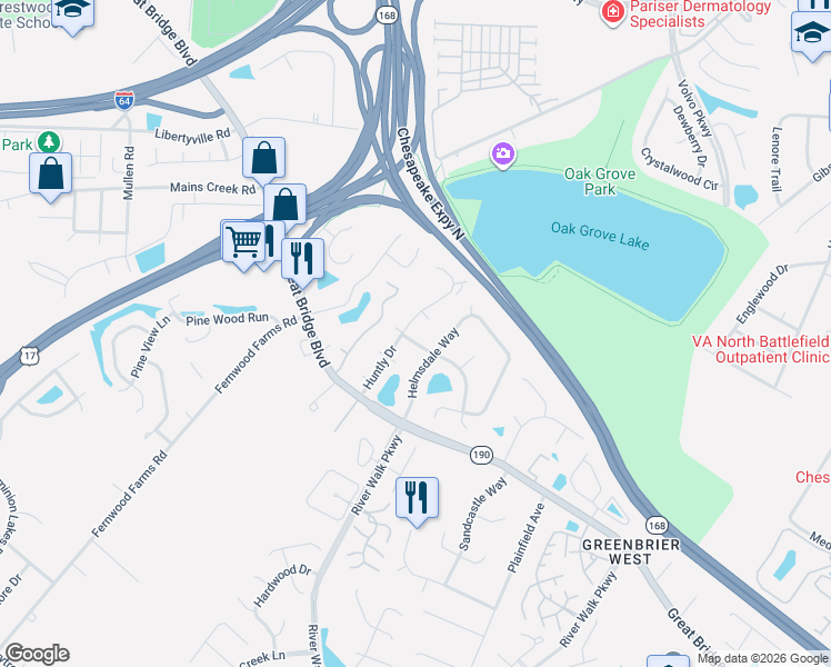 map of restaurants, bars, coffee shops, grocery stores, and more near 714 Sutherland Drive in Chesapeake