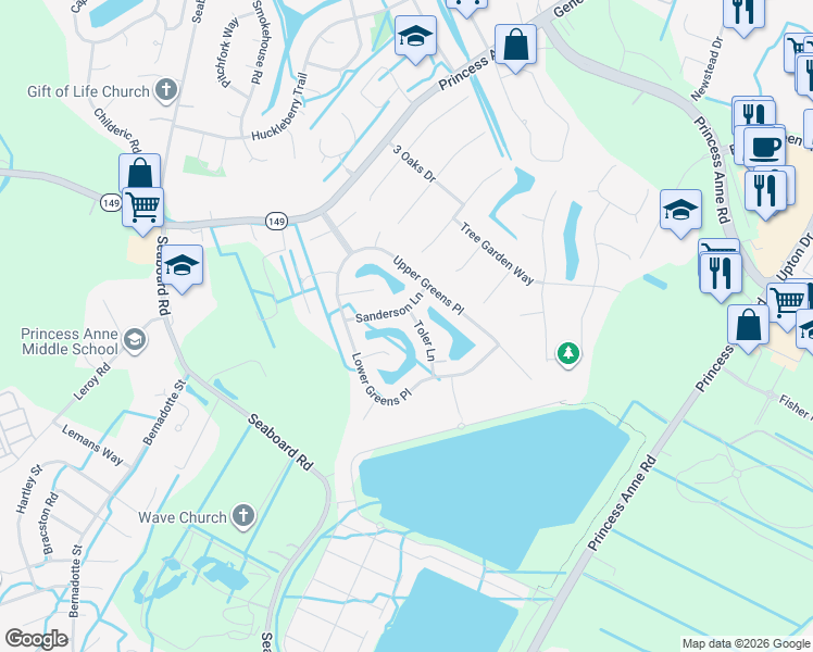 map of restaurants, bars, coffee shops, grocery stores, and more near 2517 Sanderson Lane in Virginia Beach