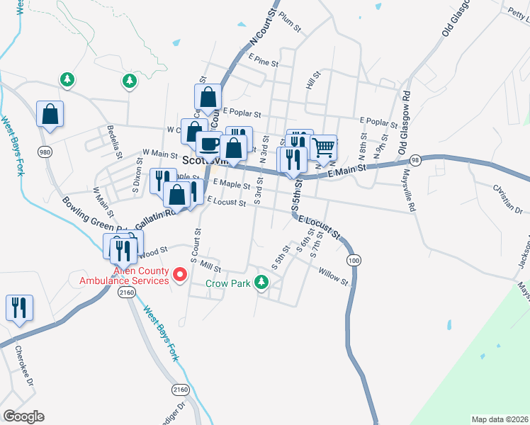 map of restaurants, bars, coffee shops, grocery stores, and more near 201 South 4th Street in Scottsville