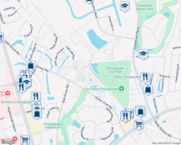 map of restaurants, bars, coffee shops, grocery stores, and more near 635 Sweet Leaf Place in Chesapeake