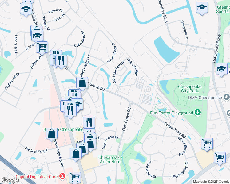 map of restaurants, bars, coffee shops, grocery stores, and more near 200 Oak Grove Run in Chesapeake