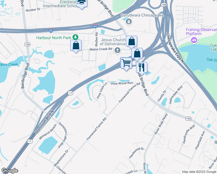 map of restaurants, bars, coffee shops, grocery stores, and more near 605 Pine Bend in Chesapeake