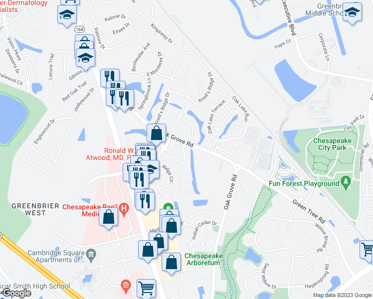 map of restaurants, bars, coffee shops, grocery stores, and more near 845 Sommerville Crescent in Chesapeake