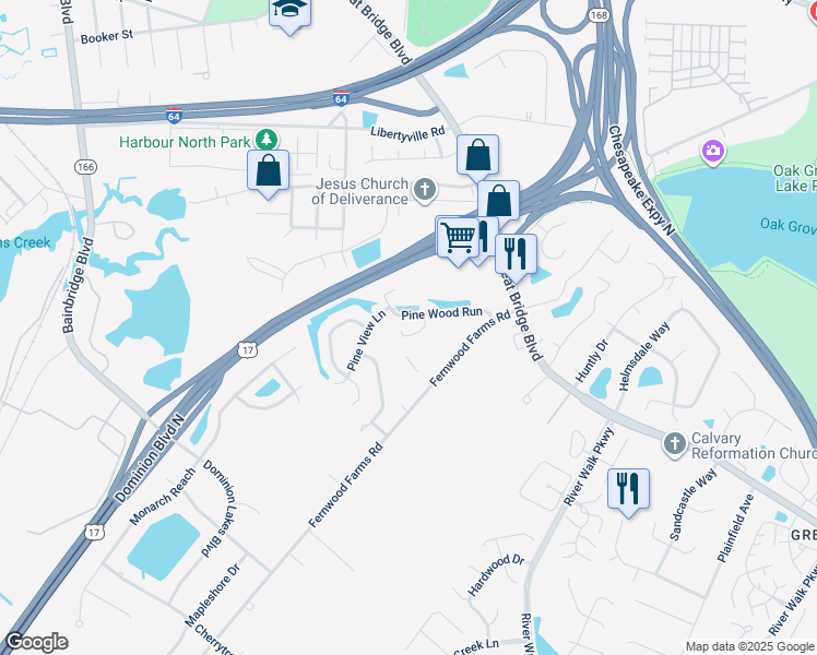 map of restaurants, bars, coffee shops, grocery stores, and more near 608 Pine Bend in Chesapeake