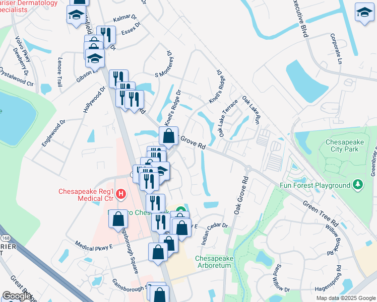 map of restaurants, bars, coffee shops, grocery stores, and more near 317 Fairfax Terrace in Chesapeake