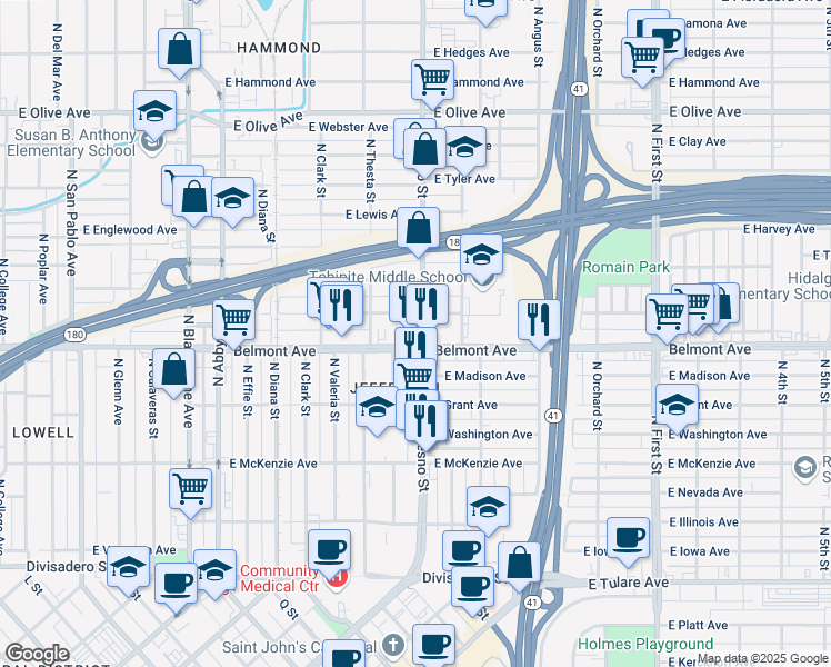 map of restaurants, bars, coffee shops, grocery stores, and more near 2339 East White Avenue in Fresno