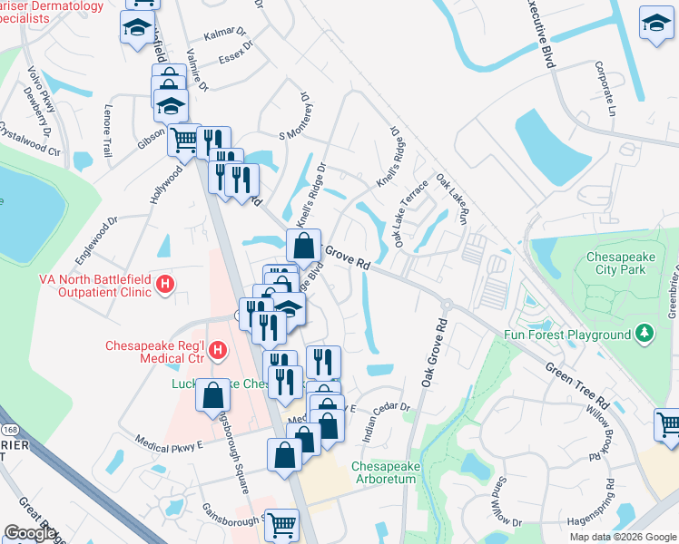 map of restaurants, bars, coffee shops, grocery stores, and more near 302 Fairfax Terrace in Chesapeake