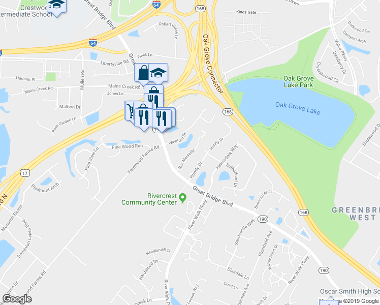map of restaurants, bars, coffee shops, grocery stores, and more near 802 Rue Marseille in Chesapeake