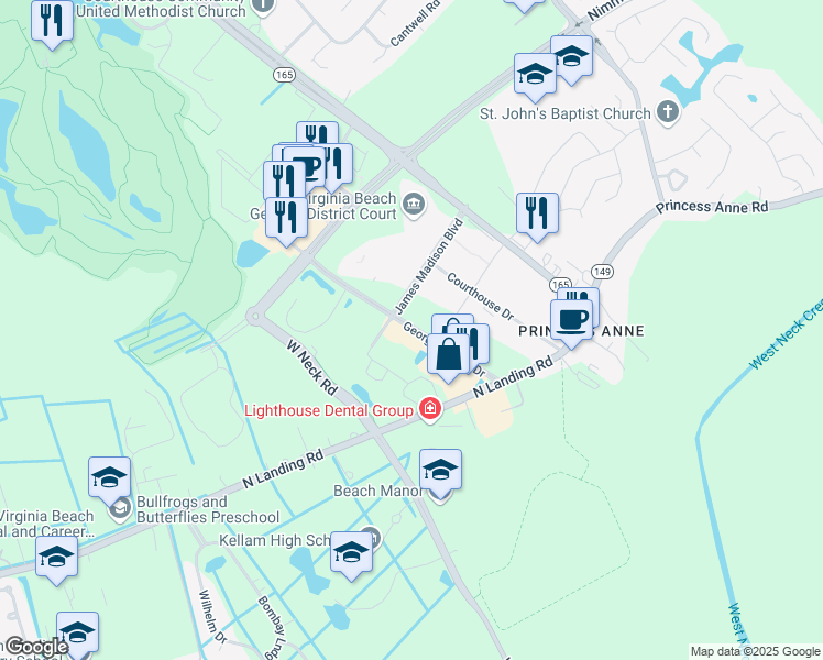 map of restaurants, bars, coffee shops, grocery stores, and more near 2569 George Mason Drive in Virginia Beach