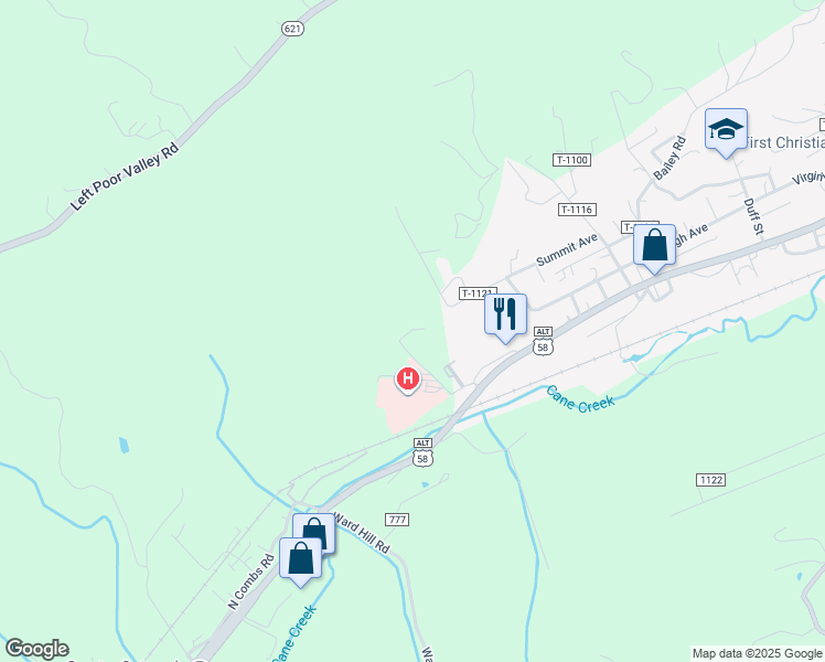 map of restaurants, bars, coffee shops, grocery stores, and more near 156 Combs Road in Pennington Gap