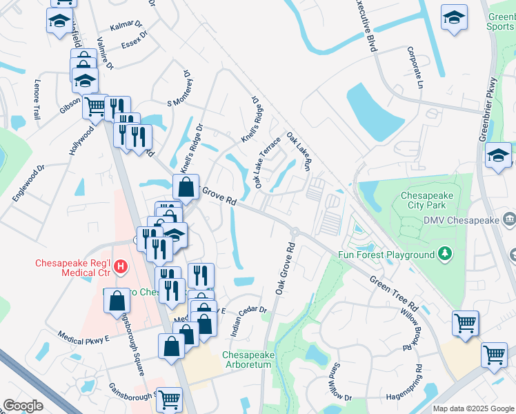 map of restaurants, bars, coffee shops, grocery stores, and more near 200 Oak Grove Run in Chesapeake