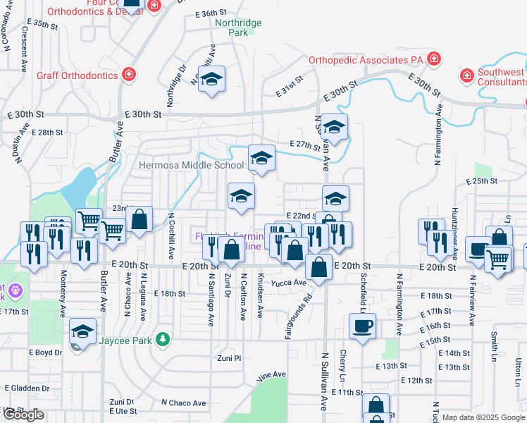 map of restaurants, bars, coffee shops, grocery stores, and more near 1602 East 22nd Street in Farmington