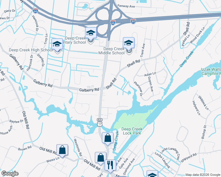map of restaurants, bars, coffee shops, grocery stores, and more near 423 Shell Road in Chesapeake