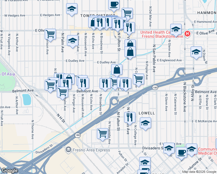 map of restaurants, bars, coffee shops, grocery stores, and more near 511 North Yosemite Avenue in Fresno