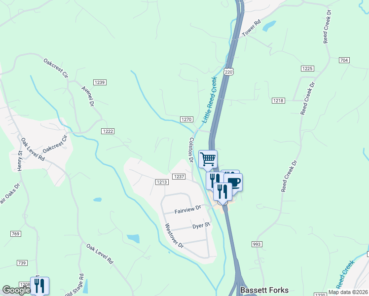 map of restaurants, bars, coffee shops, grocery stores, and more near 160 Colston Drive in Bassett