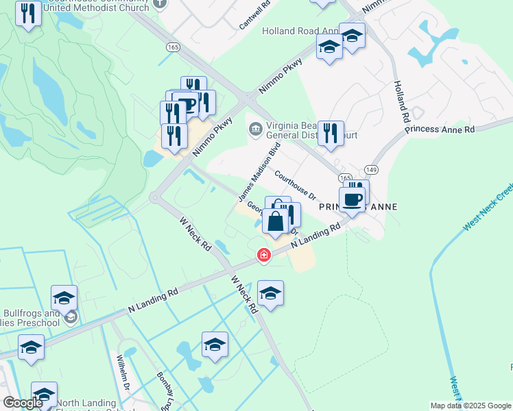 map of restaurants, bars, coffee shops, grocery stores, and more near 2569 George Mason Drive in Virginia Beach