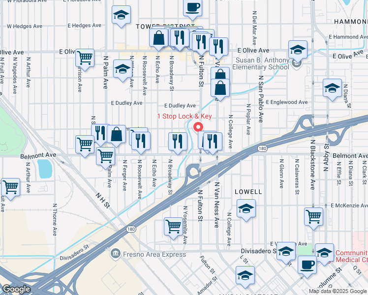 map of restaurants, bars, coffee shops, grocery stores, and more near 565 North Yosemite Avenue in Fresno