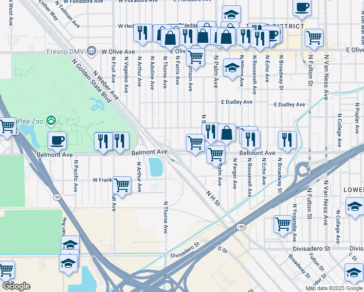 map of restaurants, bars, coffee shops, grocery stores, and more near 615 North Harrison Avenue in Fresno