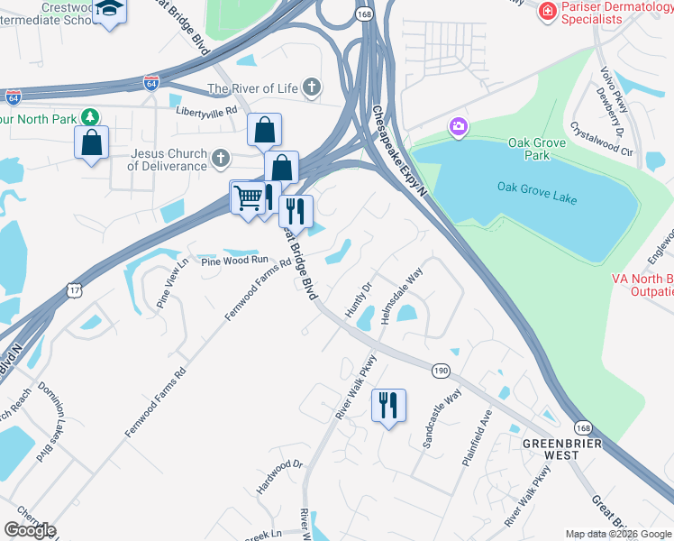 map of restaurants, bars, coffee shops, grocery stores, and more near 727 Wickford Drive in Chesapeake