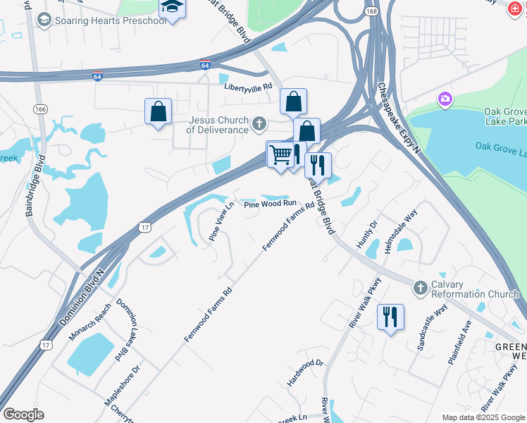 map of restaurants, bars, coffee shops, grocery stores, and more near 645 Pine Bend in Chesapeake