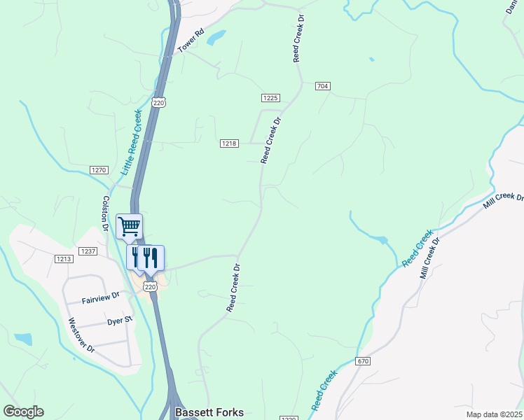 map of restaurants, bars, coffee shops, grocery stores, and more near 950 Reed Creek Drive in Bassett