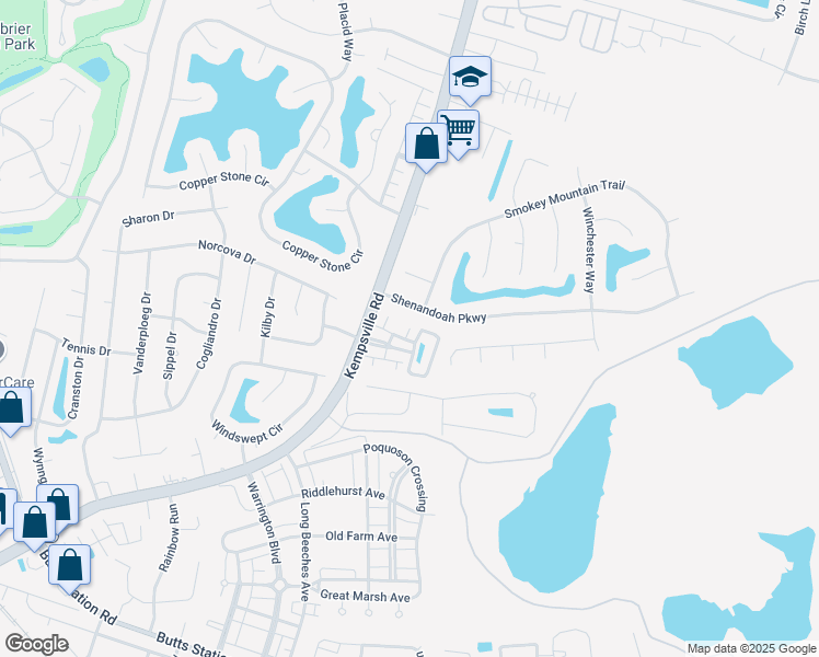 map of restaurants, bars, coffee shops, grocery stores, and more near Briars Landing in Chesapeake