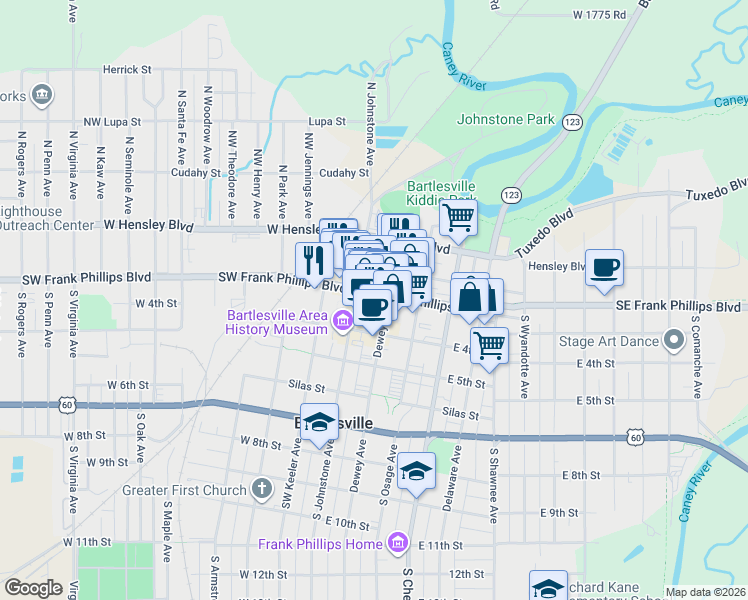 map of restaurants, bars, coffee shops, grocery stores, and more near 201 Dewey Avenue in Bartlesville