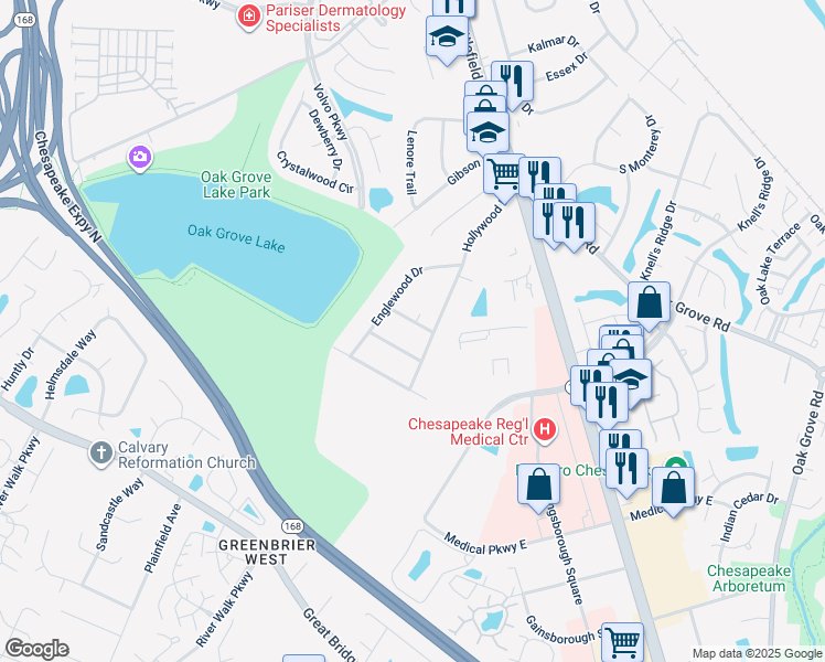 map of restaurants, bars, coffee shops, grocery stores, and more near 505 Redwood Drive in Chesapeake