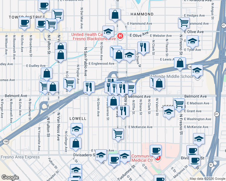 map of restaurants, bars, coffee shops, grocery stores, and more near 1620 East White Avenue in Fresno