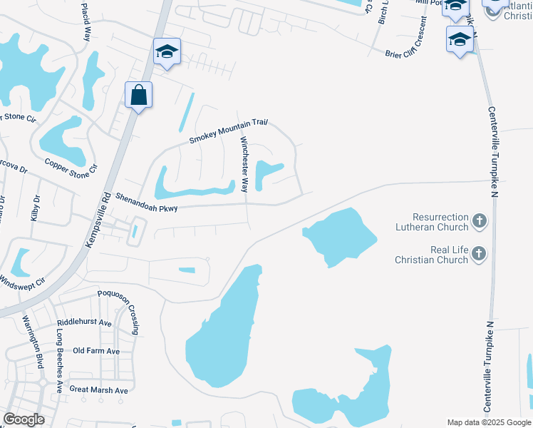 map of restaurants, bars, coffee shops, grocery stores, and more near 1512 Shenandoah Parkway in Chesapeake