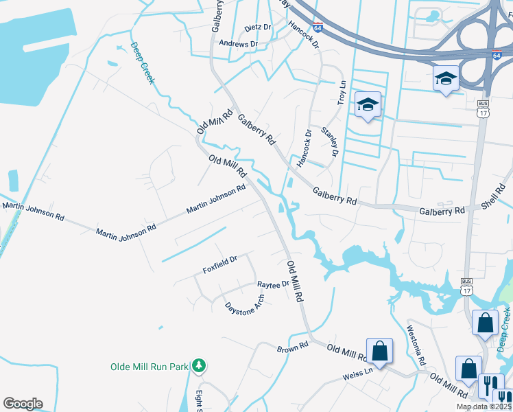 map of restaurants, bars, coffee shops, grocery stores, and more near 3521 Old Mill Road in Chesapeake
