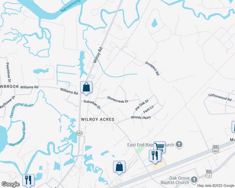 map of restaurants, bars, coffee shops, grocery stores, and more near 2106 Redgate Drive in Suffolk