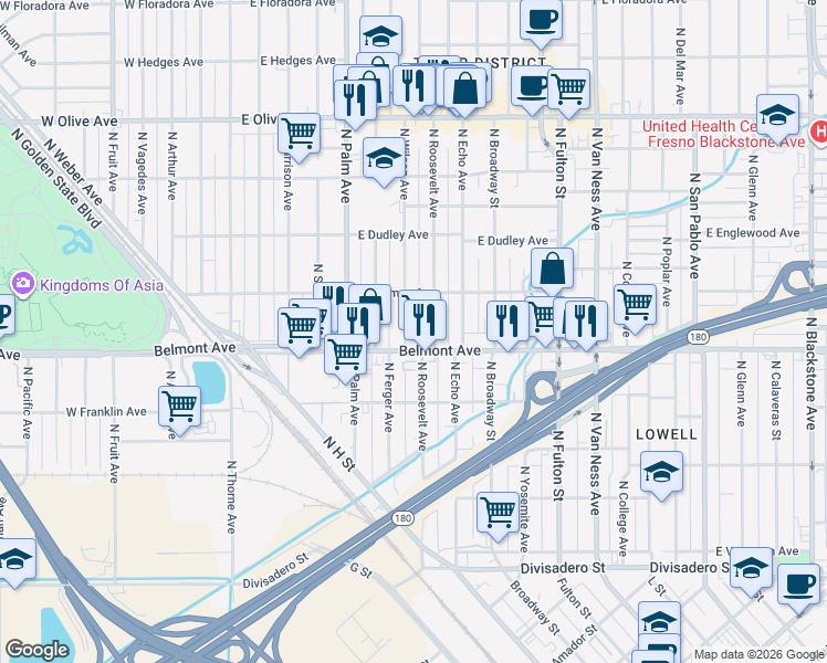 map of restaurants, bars, coffee shops, grocery stores, and more near 605 North Wilson Avenue in Fresno