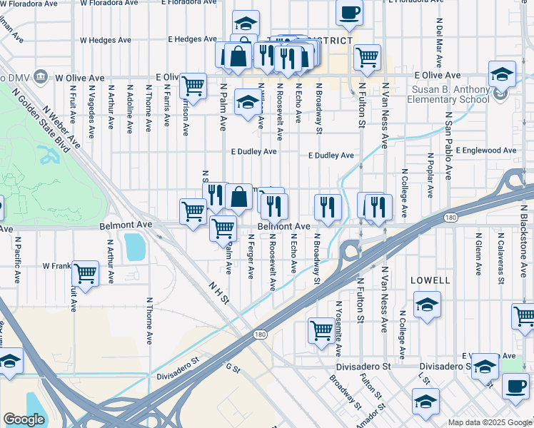 map of restaurants, bars, coffee shops, grocery stores, and more near 605 North Wilson Avenue in Fresno
