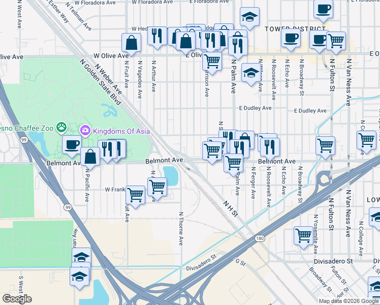 map of restaurants, bars, coffee shops, grocery stores, and more near in Fresno