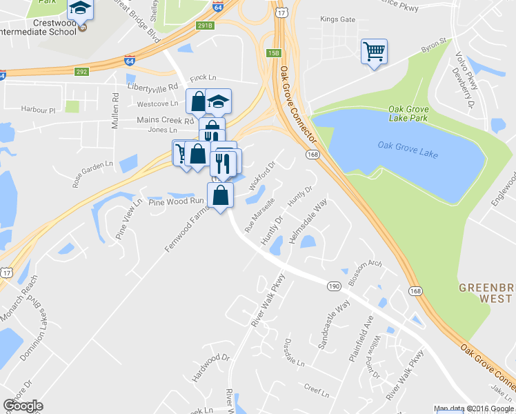 map of restaurants, bars, coffee shops, grocery stores, and more near 727 Wickford Drive in Chesapeake