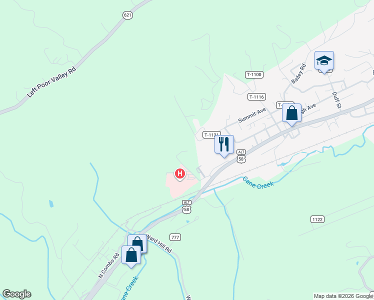 map of restaurants, bars, coffee shops, grocery stores, and more near 156 Combs Road in Pennington Gap