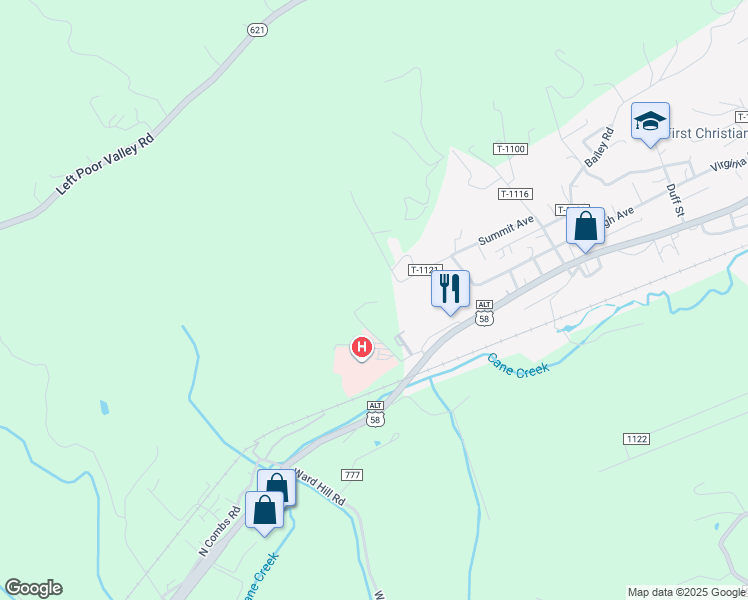 map of restaurants, bars, coffee shops, grocery stores, and more near 156 Combs Road in Pennington Gap