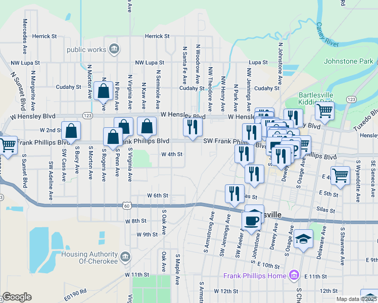 map of restaurants, bars, coffee shops, grocery stores, and more near 301 South Santa Fe Avenue in Bartlesville