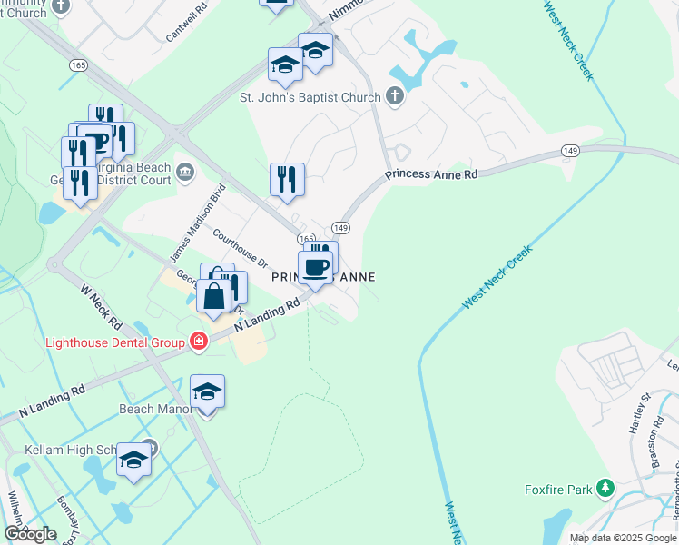 map of restaurants, bars, coffee shops, grocery stores, and more near in Princess Anne